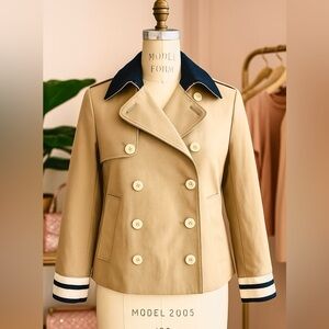 J. Crew Polished Preppy Khaki/Navy Double-Breasted Short Trench Coat